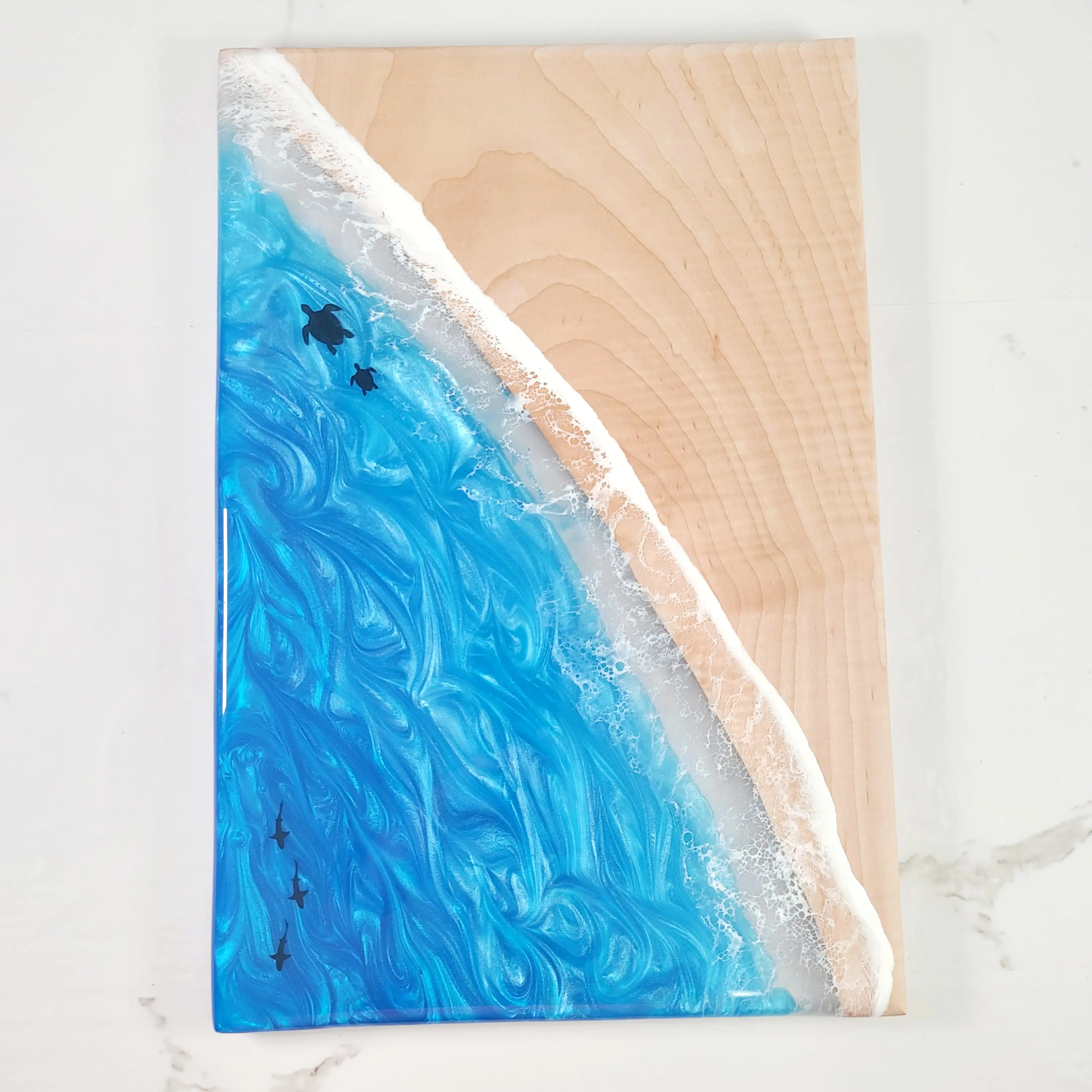 Caribbean Blue Ocean Bay Epoxy River with Sea Turtle and Shark | Charcuterie Board | Cheese Board | Serving Board | Customizable