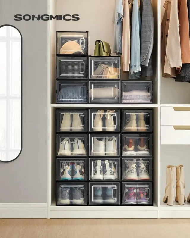 SONGMICS Pack of 12 Shoe Storage Organizers, Clear Plastic Boxes for Closet, Sneakers, 9.9 x 13.7 x 7.4 Inches, Fit up to US Size 13