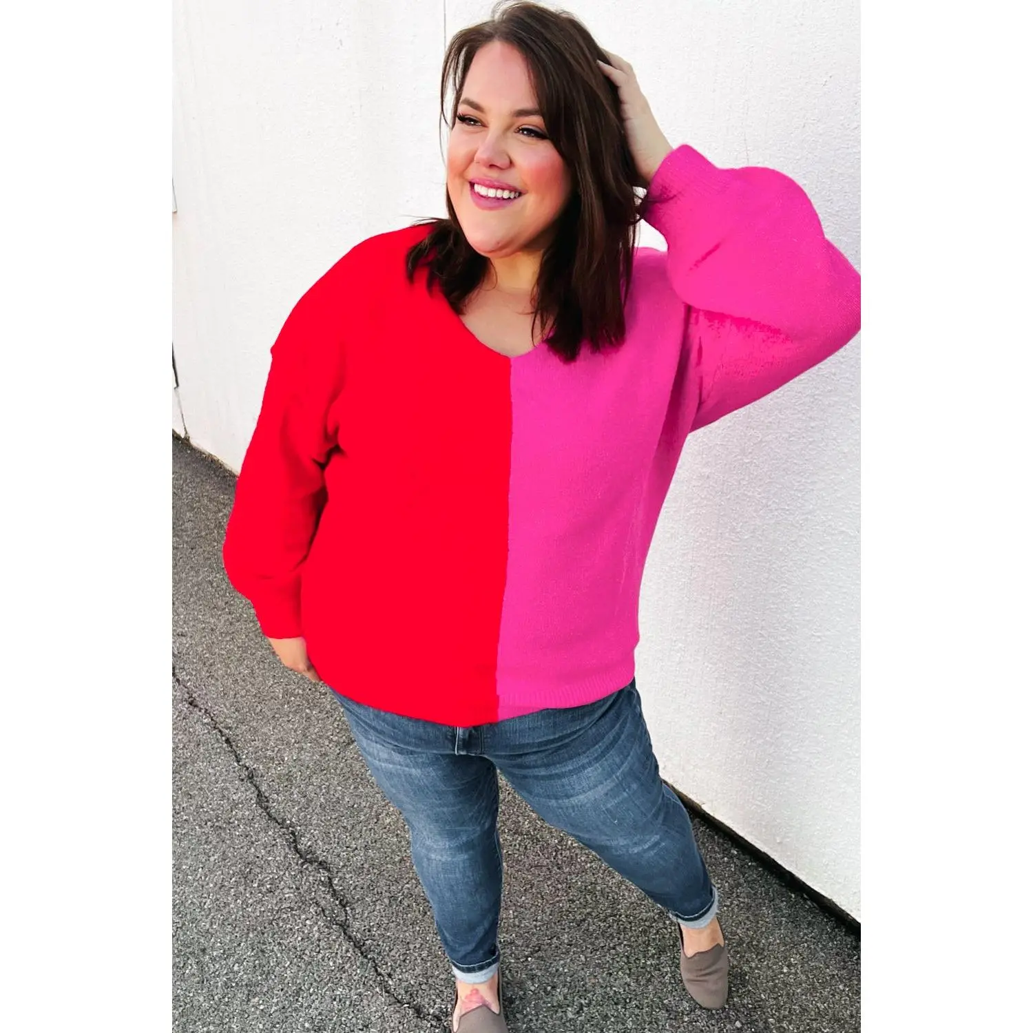 Red Fuchsia Half & Half V Neck Sweater
