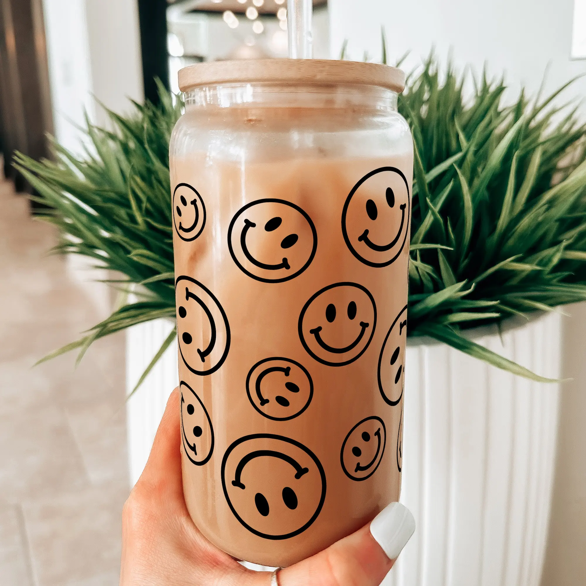 Smiley Face 16oz Frosted Glass Can Cup with Lid and Straw, Iced Coffee Drinkware, Gift for Her, water bottle for women, iced coffee cup
