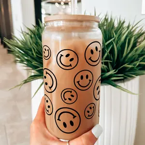 Smiley Face 16oz Glass Can Cup with Lid and Plastic and Glass Straws
