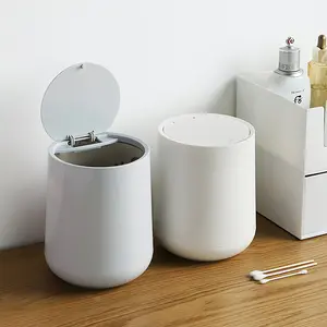 Sheebo 2 Liter / 0.5 Gallon Cylinder Mini Trash Can with Press Top Lid - Compact Wastebasket for Bathroom Vanity, Desktop, Tabletop, Coffee Table or Countertop