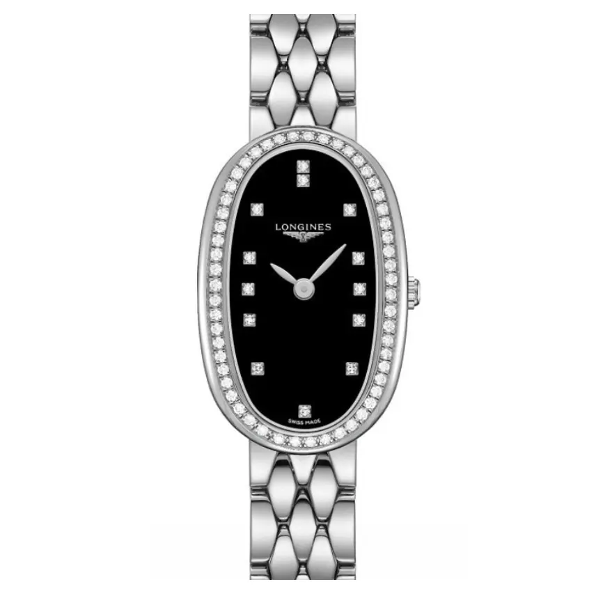 Longines Symphonette 19 mm, 73 Diamonds, Black Dial, Silver SS Bracelet
