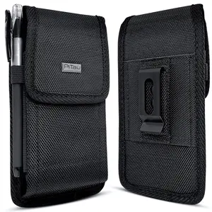 Rugged Black Nylon Cell Phone Belt Holder Holster with Velcro Closure & Pen Holders Fits Smartphones with Cases for iPhones