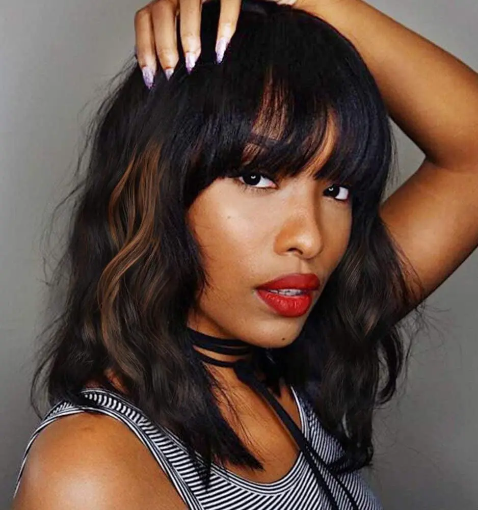 14 Inch Black Mixed Brown Highlights Wig with Bangs