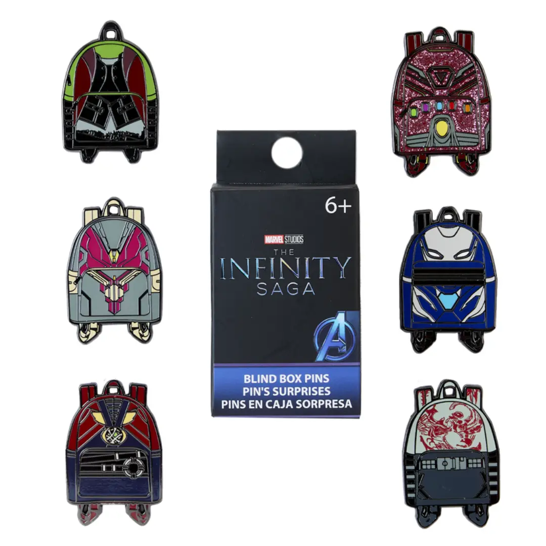 Marvel Infinity Saga Enamel Pin, Collectible Mini Backpack Style Mystery Box Featuring Drax & Rescue - 1 in 12 Glitter Chase, Collectible Pins, Brooch Pin Clip
