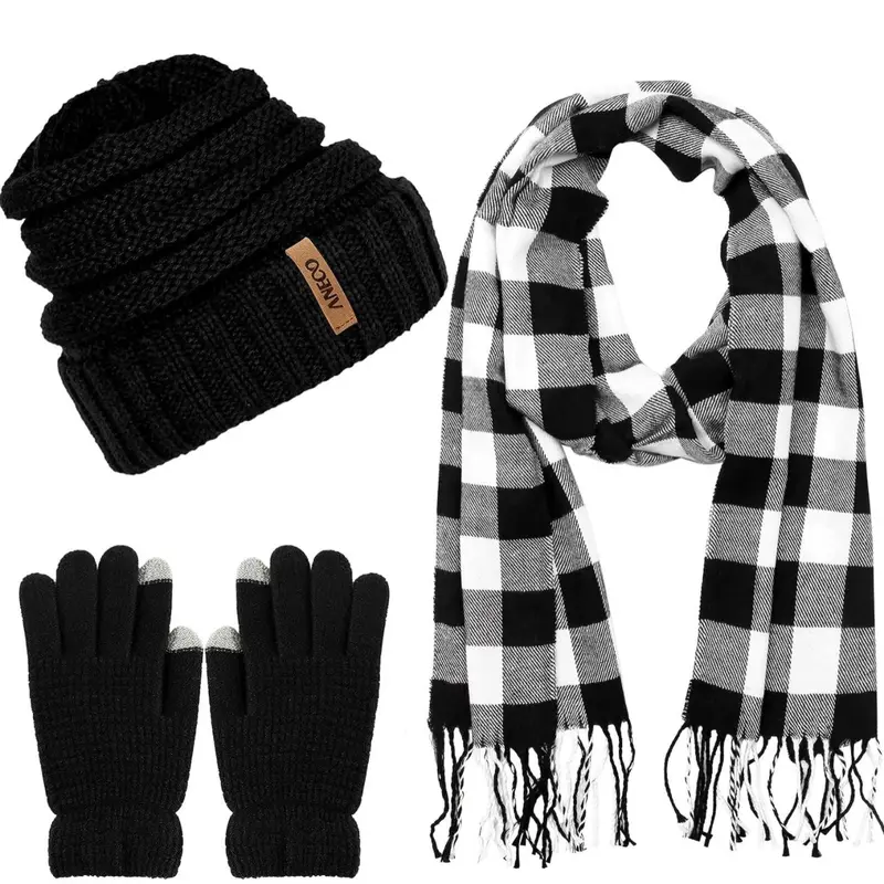 Unisex Acrylic Winter Warm Knit Beanie-Scarf-1 Pair of Touch Screen Gloves Set, Female All-Match Soft Stretch Stain-Resistant Dark Tone Premium Accessory, Great for Party & Outdoor Activities, Thoughtful Gift