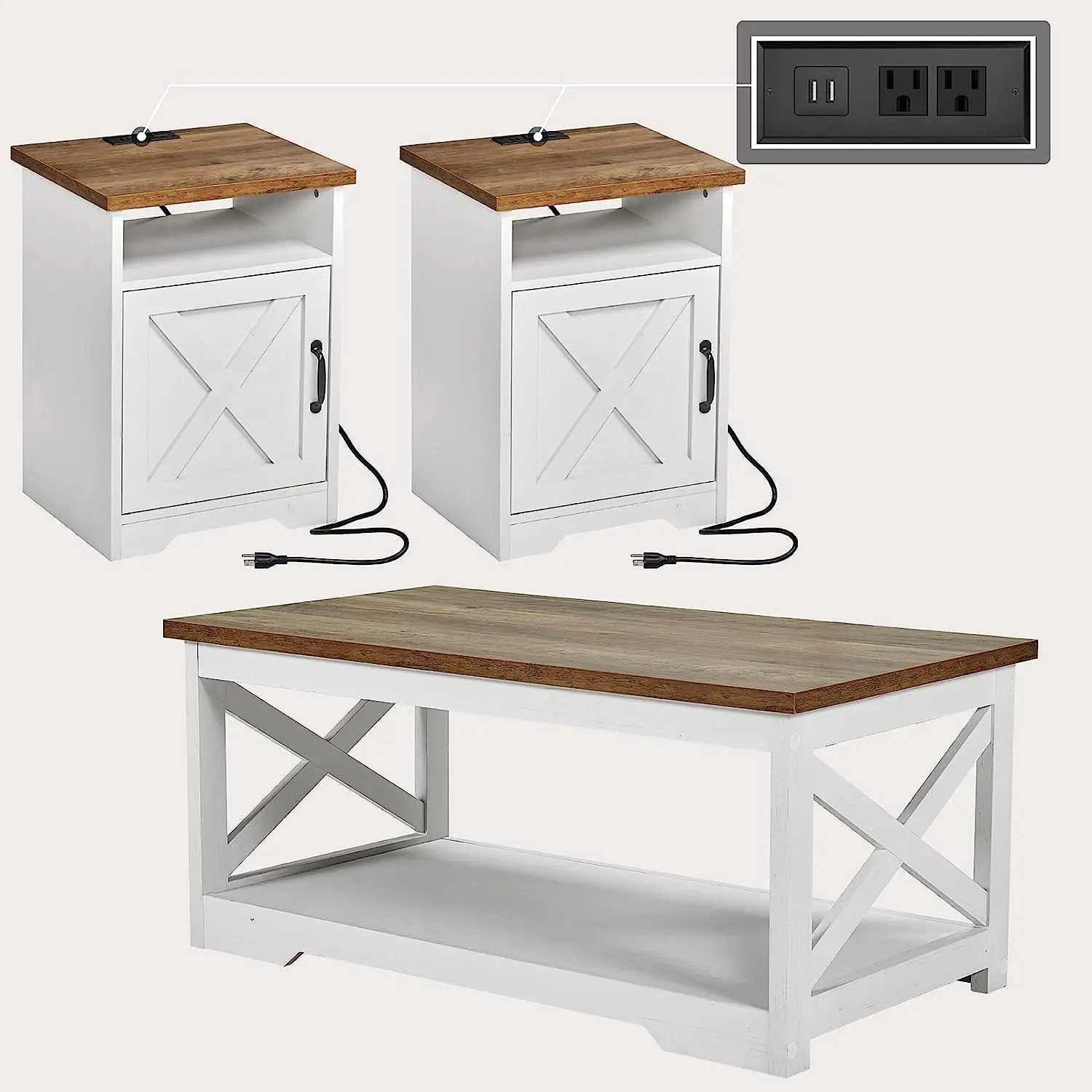 [Summerwins] [SummerFinds] AMERLIFE 3-Piece Farmhouse Table Set Includes Coffee & Two End, Side Table with Charging Station and USB Ports, for Living Room, Bedroom/Best Gift Ideas/Christmas Gifts