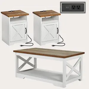 AMERLIFE 3-Piece Farmhouse Table Set Includes Coffee & Two End, Side Table with Charging Station and USB Ports, for Living Room, Bedroom/Best Gift Ideas/Christmas Gifts