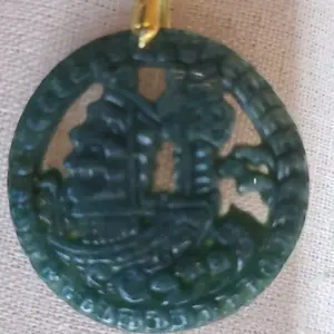 Moss Agate Hand Carved Asian Crystal Pendant with gold-toned chain necklace