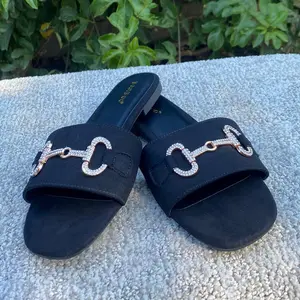 Black chain Rhinestone Sandals Round Toe Sandals Flip Flops