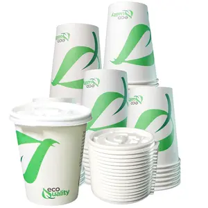 12 oz Compostable Paper Cups with White Flat Lids - Biodegradable Disposable White Paper Coffee Cups PLA Lined - Eco-friendly Hot and Cold Drinking Cups (25)