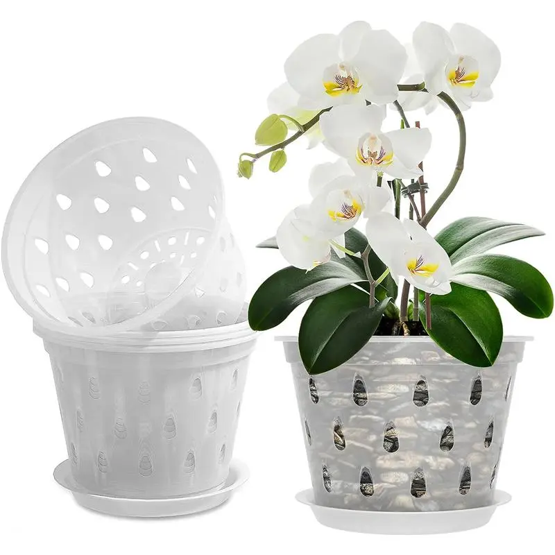 4 Pack Orchid Pots with Holes and Saucers, 7 Inch Clear Plastic Orchid Pots for Repotting, Plastic Flower Plant Pot Indoor Outdoor, Breathable Slotted Orchids Planter