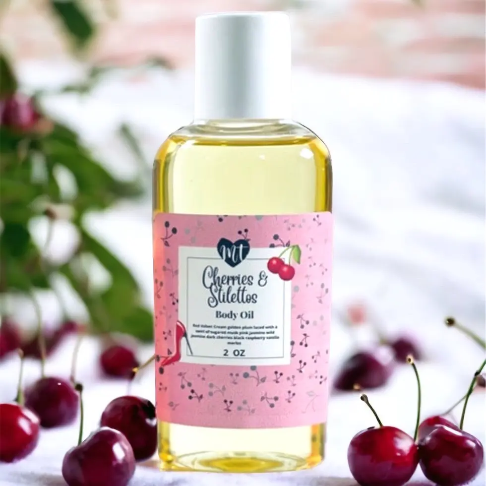Cherries and Stilettos Body & Massage Oil for Silky Smooth Skin, Moisturizing Vegan Body Care with Coconut, Jasmine & Vanilla Fragrance, 4oz, Apricot, Aroma, Hydration, Non Toxic, Cruelty Free, Pink Jasmine, All-Natural Oils, Special Occasions, Red Golden