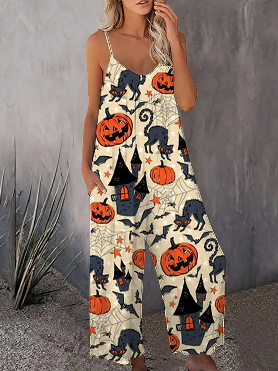 Women's Halloween Rompers Cartoon Print Wide Leg Long Loungewear