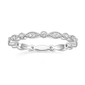 EAMTI 925 Sterling Silver Full Eternity Stackable Ring Cubic Zirconia Marquise & Round Milgrain Wedding Band for Women
