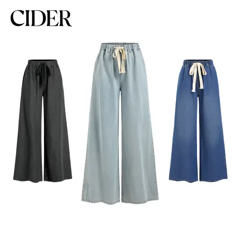 Cider Women's Denim High-Waist Tie-Front Wide-Leg Casual Fashion Trousers - 3 Colors, US Sizes 0-10, Basic Minimalist Bell Bottom Pants