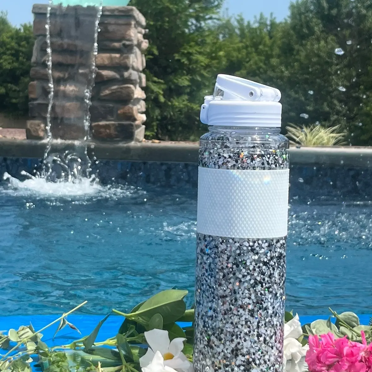 Snowglobe water bottle black, silver, and white glitter