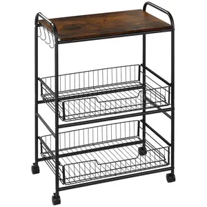 HOMCOM 24" 3-Tier Rolling Kitchen Cart, Utility Storage Trolley with 2 Basket Drawers, Side Hooks for Dining Room and Kitchen