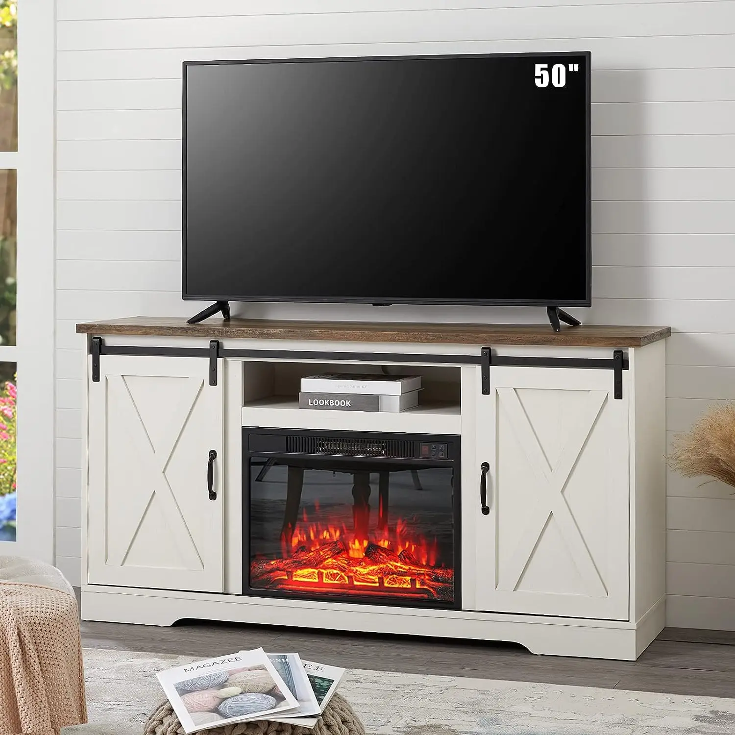 [Ships in 2 Boxes] VanAcc TWO Size Fireplace TV Stand Sliding Barn Door Wood Entertainment Center with an Electric Fireplace Insert, Modern Farmhouse Storage Cabinet Console, 59" TV Stand for TVs Up to 65",63" TV Stand for TVs Up to 73"