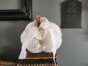 Knit Pumpkin Pillow Pouf, Creamy White Knit with Vintage Lace, Crystal and a Wooden Stick Stem, Cottage Farmhouse Decor